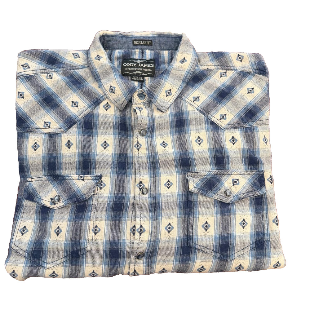 Cody James Mens Shirt Blue Western Plaid Regular Fit Pearl Snap Western 3XL